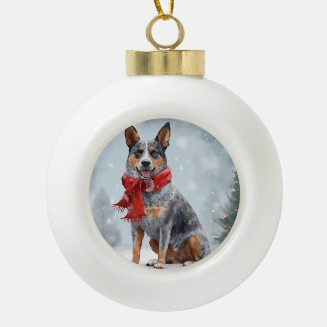 Boule En Céramique Chien de bétail australien à Noël de neige (Devant)