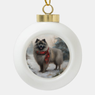 Boule En Céramique Chien de Keeshond à Noël de neige