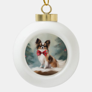 Boule En Céramique Chien de Papillon à Noël de neige