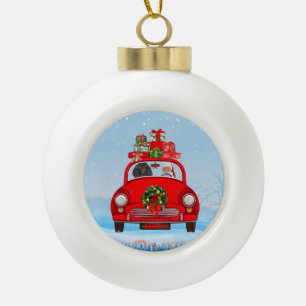 Boule En Céramique Chien De Poiche En Voiture Avec Le Père Noël