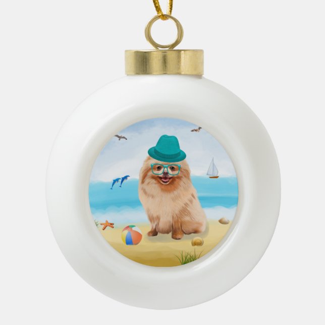 Boule En Céramique Chien de Poméranie sur la plage (Devant)