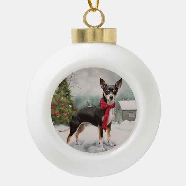 Boule En Céramique Chien de Rat Terrier à Noël de neige (Devant)