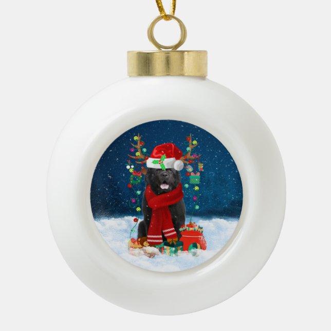 Boule En Céramique Chien de Terre-Neuve avec cadeaux de Noël (Devant)