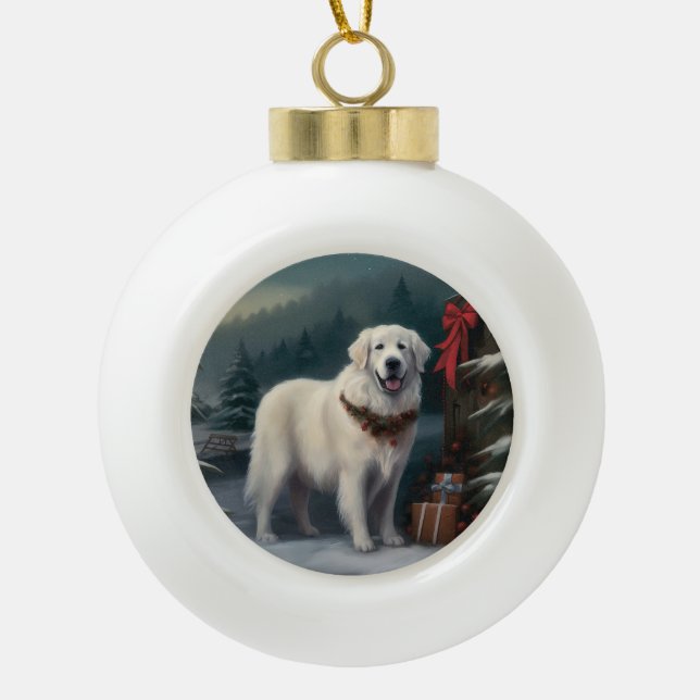 Boule En Céramique Chien des grandes Pyrénées à Noël de neige (Devant)