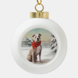Boule En Céramique Chien du Staffordshire américain à Noël de neige