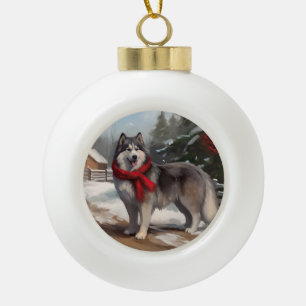 Boule En Céramique Chien malamué de l'Alaska en Noël de neige
