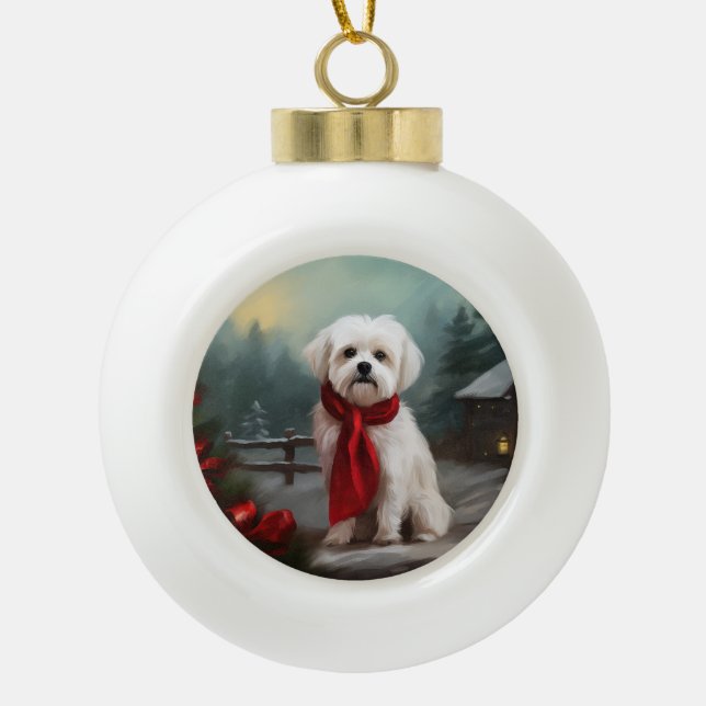 Boule En Céramique Chien maltais à Noël de neige (Devant)