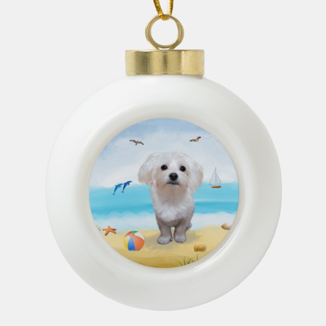 Boule En Céramique Chien maltais sur la plage (Devant)