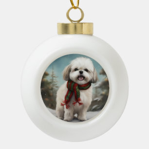 Boule En Céramique Chien Malti Tzu à Noël de neige