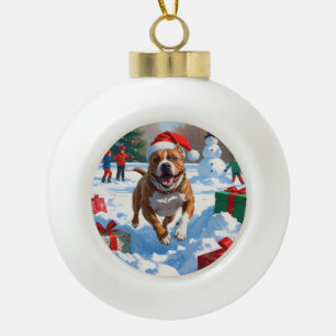 Boule En Céramique Chien Pitbull courant dans la neige avec un chapea