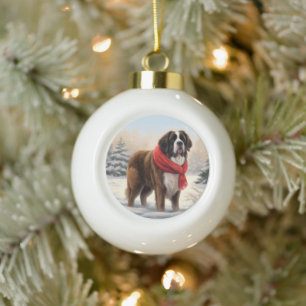 Boule En Céramique Chien Saint-Bernard dans la neige de Noël