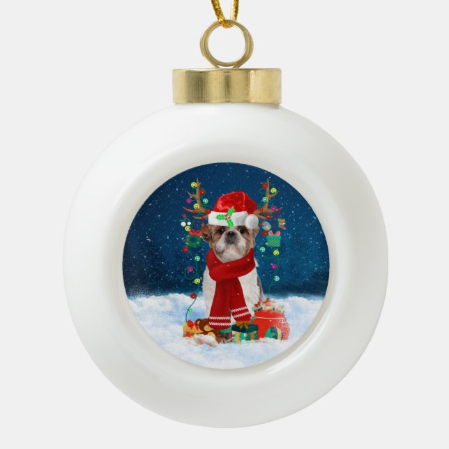 Boule En Céramique Chien Shih Tzu avec cadeaux de Noël (Devant)