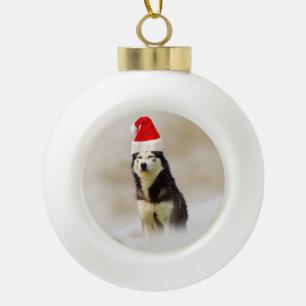 Boule En Céramique Chien sibérien Husky avec chapeau de Santa Hat en 