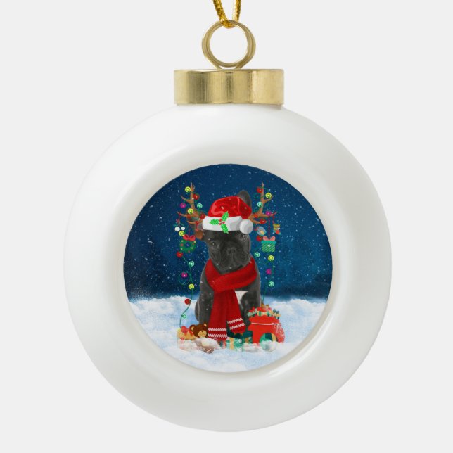 Boule En Céramique Chien-taureaux français avec cadeaux de Noël (Devant)
