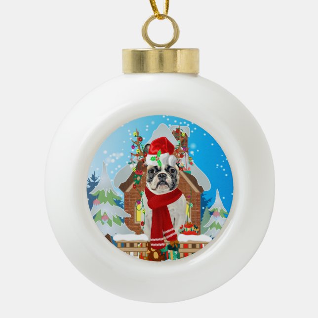 Boule En Céramique Chien-taureaux français avec cadeaux de Noël (Devant)