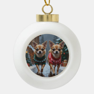 Boule En Céramique Chiens Chihuahua Noël Neige Vacances