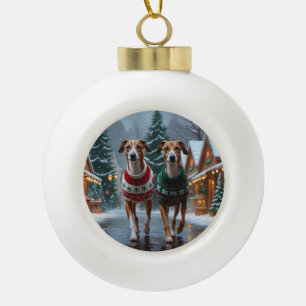 Boule En Céramique Chiens Greyhound Noël Neige Fêtes