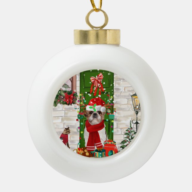 Boule En Céramique Chih Tzu Chien Noël (Devant)