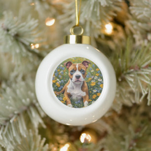Boule En Céramique Chiot Terrier Brown Et Blanc Du Staffordshire