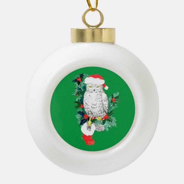 Boule En Céramique Chouette de Noël festive Stocking et arbre (Devant)