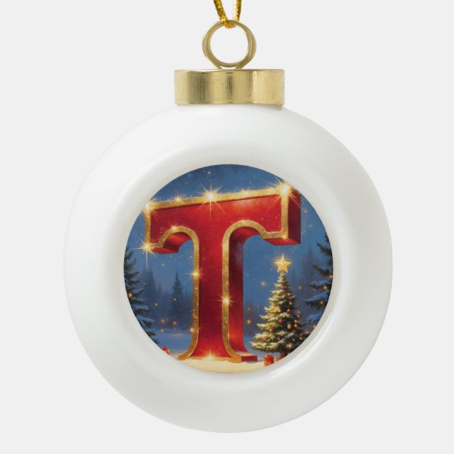 Boule En Céramique Christmas Letter T Ornament | Red Gold Monogram (Devant)