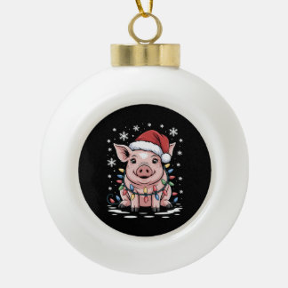 Boule En Céramique Cochon de Noël Chapeau de Père Noël Lumières Floco