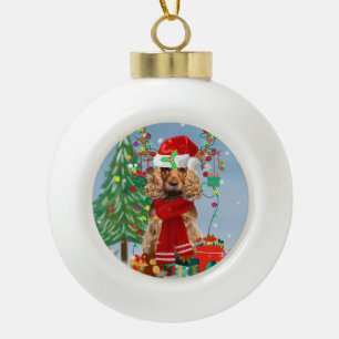 Boule En Céramique Cocker Spaniel Chien en neige avec cadeaux de Noël