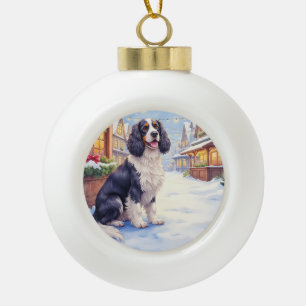 Boule En Céramique Cocker Spaniel Village enneigé Art de Noël