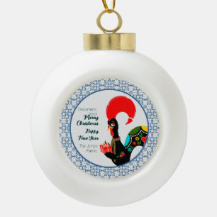 Boule En Céramique Coq portugais de Noël et cadre de carreaux bleus
