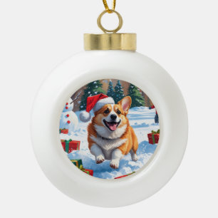 Boule En Céramique Corgi courant dans la neige avec un chapeau de Noë
