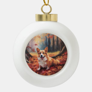 Boule En Céramique Corgi dans les feuilles d'automne qui tombent insp