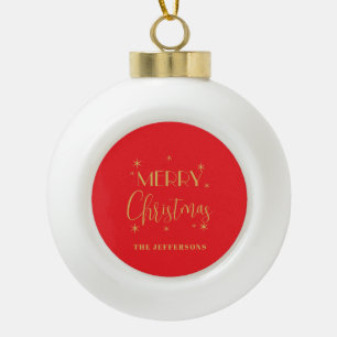 Boule En Céramique Couleurs Rouge & Or Joyeux Noël Nom de Famille