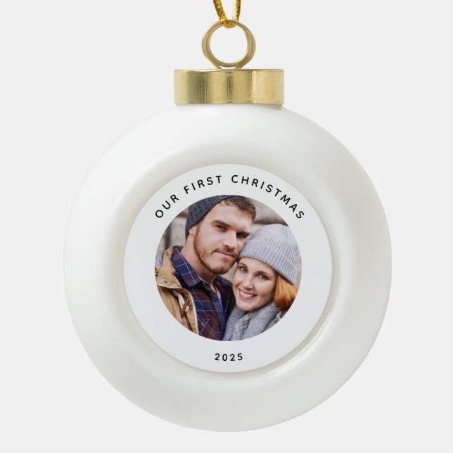 Boule En Céramique Couple Notre Première Photo De Noël (Devant)