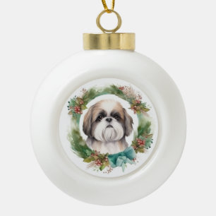 Boule En Céramique Couronne de Noël festive de Shih Tzu