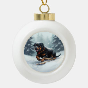 Boule En Céramique Coussin décoratif Rottweiler Noël neige hiver