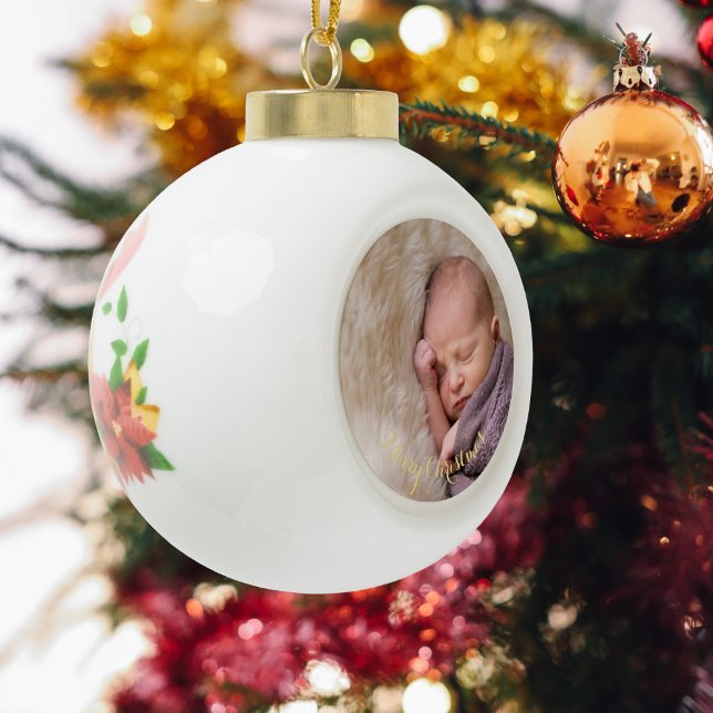 Boule En Céramique Créer la première photo de bébé Elegant Gold Texte (Create Baby's First Photo Elegant Gold Text Custom Ceramic Ball Christmas Ornament)