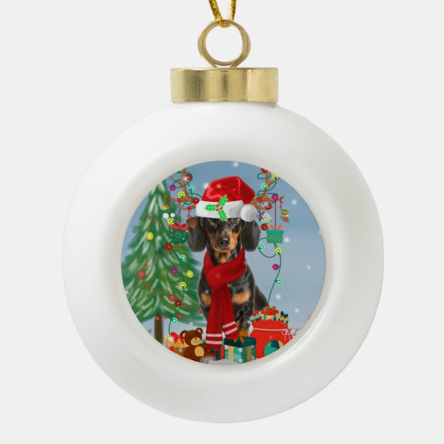 Boule En Céramique Dachshund Chien en neige avec cadeaux de Noël (Devant)