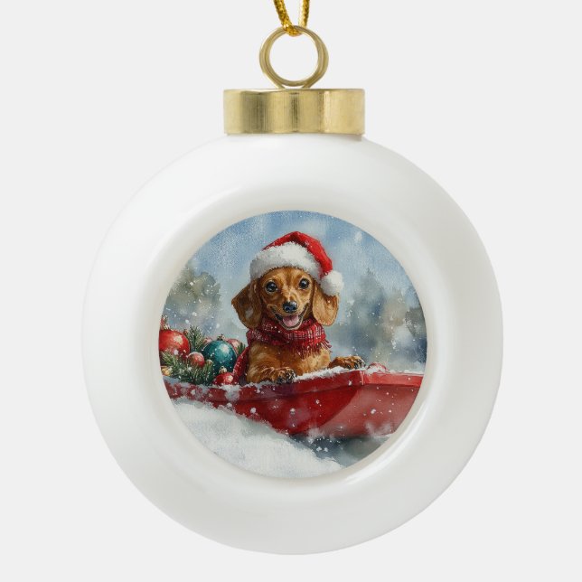Boule En Céramique Dachshund Dog in Sledge Let it neige Noël (Devant)