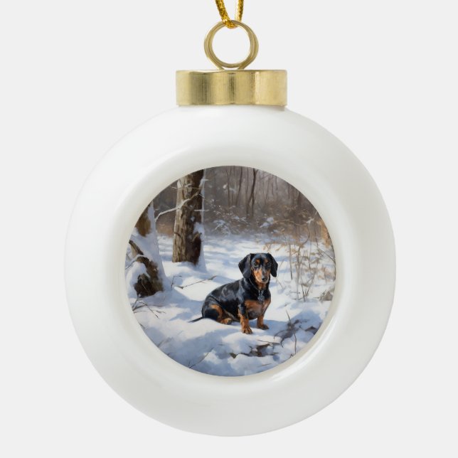 Boule En Céramique Dachshund Qu'Il Neige Noël (Devant)