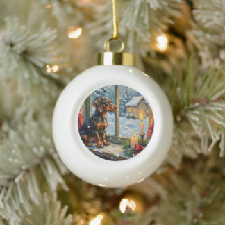 Boule En Céramique Dachshund vintage devant une fenêtre de Noël cosy