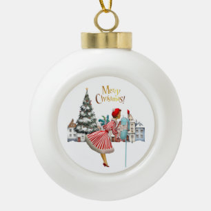 Boule En Céramique Dame de 1950 envoyant des vœux de Noël