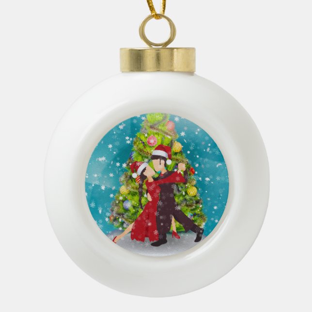 Boule En Céramique Danseurs de Tango de Noël devant l'arbre de Noël (Devant)