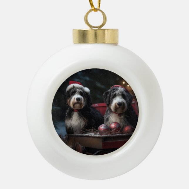 Boule En Céramique Décor de Noël Bernedoodle Snowy Sleigh (Devant)