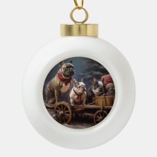 Boule En Céramique Décor de Noël Chien Bouledogue Français sur Traîne