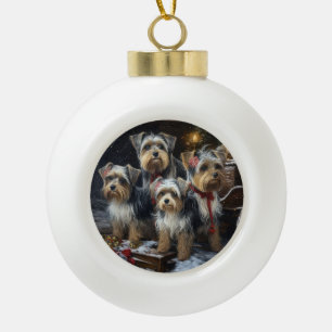 Boule En Céramique Décor de Noël du Biewer Terrier Snowy Sleigh