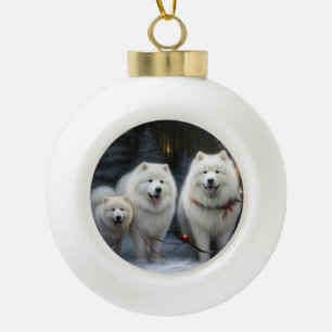 Boule En Céramique Décor de Noël Samoyed enneigé