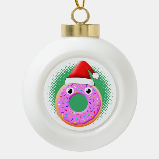 Boule En Céramique Donut Avec Yeux Et Saupoudrer Santas Dessin Casque (Devant)