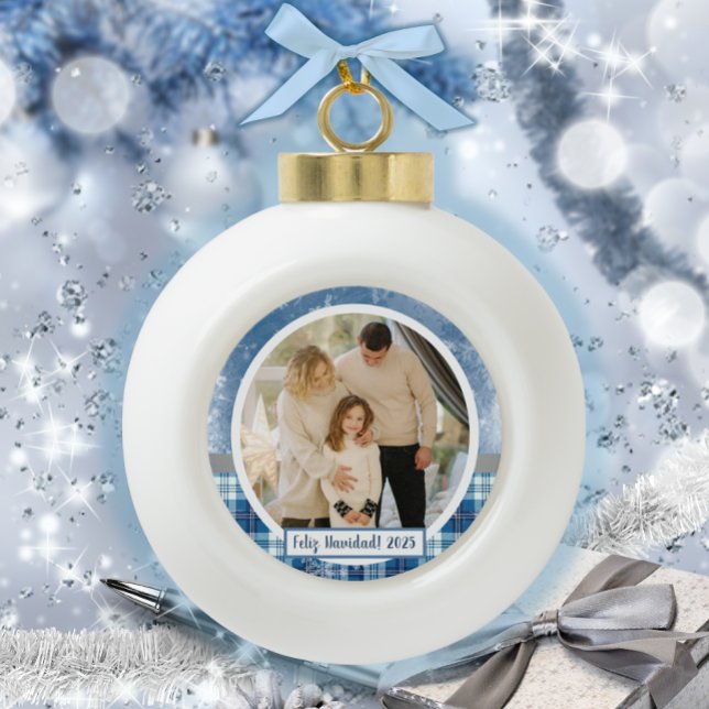 Boule En Céramique Feliz Navidad Elegante Azul (La foto ha sido agrandada para mostrar detalles)