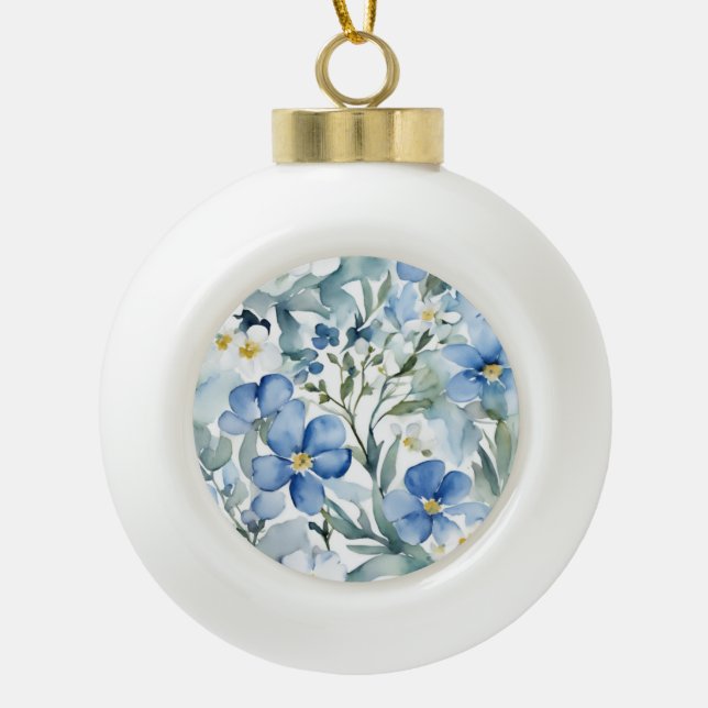Boule En Céramique Fleurs Bleues Blancs Aquarelle Chic (Devant)