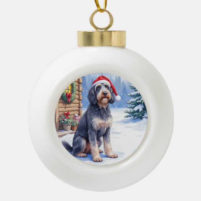 Boule En Céramique German Wirehaired Pointer Snowy Lodge Santa Hat (Devant)